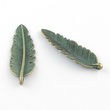 Honeyhandy Zinc Alloy Leaf Pendants, Cadmium Free & Lead Free, Antique Bronze & Green Patina, 44x14x2mm, Hole: 2mm