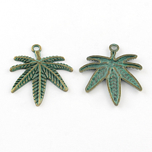 Honeyhandy Zinc Alloy Pendants, Cadmium Free & Lead Free, Pot Leaf/Hemp Leaf Shape, Weed Charms, Antique Bronze & Green Patina, 38x32x2mm, Hole: 3mm