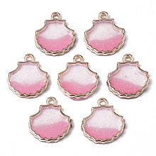 ARRICRAFT Alloy Resin Pendants, with Glitter Powder, Scallop Shell Shape, Lead Free, Golden, Pearl Pink, 18x16x2.5mm, Hole: 1.6mm