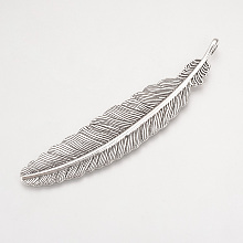 Honeyhandy Tibetan Style Alloy Big Pendants, Feather, Cadmium Free & Lead Free, Antique Silver, 105x22x2mm, Hole: 4mm