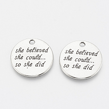 Honeyhandy Tibetan Style Alloy Quote Pendants, Flat Round with Word, Cadmium Free & Lead Free, Antique Silver, 22x1mm, Hole: 2mm