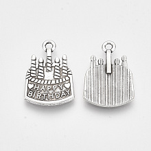 Honeyhandy Tibetan Style Alloy Pendants, Cadmium Free & Lead Free, Cake Word with Happy Birthday, Antique Silver, 21.5x15x2mm, Hole: 1.8mm