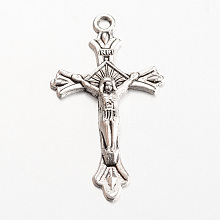 Honeyhandy Tibetan Style Alloy Pendants, For Easter, Crucifix Cross, Cadmium Free & Lead Free, Antique Silver, 32x18x2mm, Hole: 1.5mm