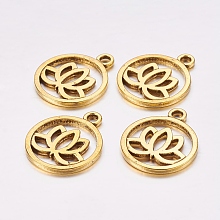 Honeyhandy Tibetan Style Filigree Alloy Pendants, Flat Round with Lotus, Cadmium Free & Lead Free, Antique Golden, 24x20x1.5mm, Hole: 2.3mm