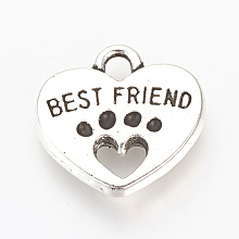 Honeyhandy Tibetan Style Alloy Charms, Heart with Best Friend, Cadmium Free & Lead Free, Antique Silver, 14.5x15x2.5mm, Hole: 2mm