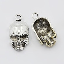 Honeyhandy Tibetan Style Alloy Pendants, Cadmium Free & Lead Free, Skull, for Halloween Day, Antique Silver, 19x10x5mm, Hole: 2mm