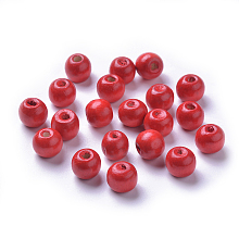 Honeyhandy Dyed Natural Wood Beads, Round, Lead Free, Red, 10x9mm, Hole: 3mm