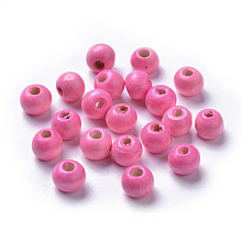 Honeyhandy Dyed Natural Wood Beads, Round, Lead Free, Pink, 8x7mm, Hole: 3mm