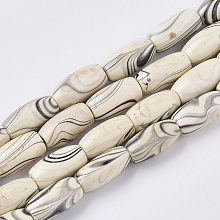 Honeyhandy Dyed Natural Wooden Beads Strands, with Wavy Pattern, Lead Free, Column, Old Lace, 13~14.5x7.5mm, Hole: 1.8mm, about 66pcs/strand, 37.40 inch