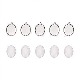 ARRICRAFT 5 Sets 40x30mm Clear Oval Glass Cabochon Cover and 48x34mm Antique Silver Alloy Blank Pendant Cabochon Settings for DIY Portrait Pendant Making