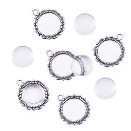 PandaHall Elite 20 Sets Tibetan Styles Alloy Pendant Trays Round Bezel with 14mm Glass Cabochon Round Clear Dome Tiles for Crafting DIY Jewelry Making Antique Silver