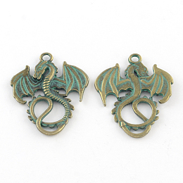 Honeyhandy Zinc Alloy Dragon Pendants, Cadmium Free & Lead Free, Antique Bronze & Green Patina, 35x27x2mm, Hole: 2.5mm