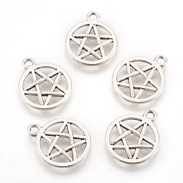 Honeyhandy Tibetan Style Alloy Flat Round with Star Charms, Wicca Charms, Pentacle, Lead Free, Antique Silver, 20.5x16.9x1.7mm, Hole: 2.2mm
