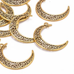 Honeyhandy Tibetan Style Alloy Hollow Moon  2-Loop Link Pendants, Cadmium Free & Lead Free, Antique Golden, 37x8x2mm, Hole: 1~3mm