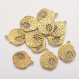 Honeyhandy Tibetan Style Alloy Pendants, Cadmium Free & Lead Free, Flat Round with Leaf, Antique Golden, 22x18x1mm, Hole: 1mm