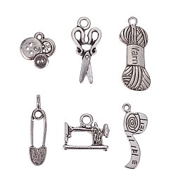 ARRICRAFT 5 Sets(6pcs/set) Sewing Knitting Theme Tibetan Style Alloy Pendants Lead Free Antique Silver