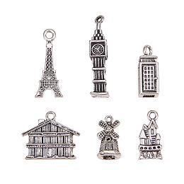 ARRICRAFT 12PCS(6pcs/set, 2 sets) Vintage Alloy Building Pendants Lead Free, Antique Silver