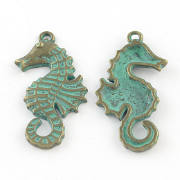 Honeyhandy Zinc Alloy SeaHorse Pendants, Cadmium Free & Lead Free, Antique Bronze & Green Patina, 38x20x2mm, Hole: 2mm