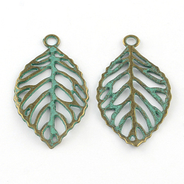 Honeyhandy Zinc Alloy Pendants, Cadmium Free & Lead Free, Leaf, Antique Bronze & Green Patina, 49x27x2mm, Hole: 3.5mm