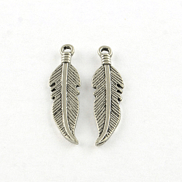 Honeyhandy Tibetan Style Alloy Pendants, Feather, Cadmium Free & Lead Free, Antique Silver, 25.5x7x1mm, Hole: 1.5mm