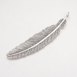 Honeyhandy Tibetan Style Alloy Big Pendants, Feather, Cadmium Free & Lead Free, Antique Silver, 105x22x2mm, Hole: 4mm