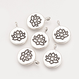 Honeyhandy Tibetan Style Alloy Pendants, Flat Round with Lotus, Cadmium Free & Lead Free, Antique Silver, 20x15x2mm, Hole: 2mm