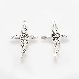 Honeyhandy Tibetan Style Alloy Pendants, Cross with Rose, Cadmium Free & Lead Free,, Antique Silver, 34.5x23.5x3mm, Hole: 2mm