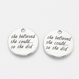 Honeyhandy Tibetan Style Alloy Quote Pendants, Flat Round with Word, Cadmium Free & Lead Free, Antique Silver, 22x1mm, Hole: 2mm