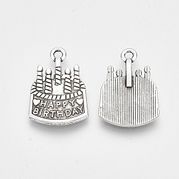 Honeyhandy Tibetan Style Alloy Pendants, Cadmium Free & Lead Free, Cake Word with Happy Birthday, Antique Silver, 21.5x15x2mm, Hole: 1.8mm