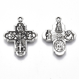 Honeyhandy Tibetan Style Alloy Pendants, Cadmium Free & Lead Free, for Religion, Cross with Saint, Antique Silver, 29.5x23x2mm, Hole: 1.5mm