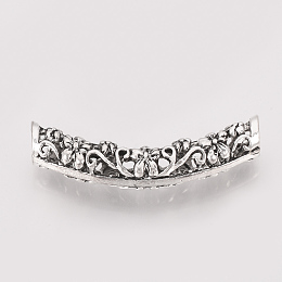 Honeyhandy Tibetan Style Alloy Tube Beads, Cadmium Free & Lead Free, Curved Tube with Flower, Antique Silver, 32x6mm, Hole: 3mm