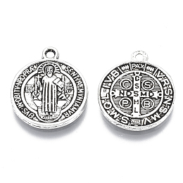 Honeyhandy Tibetan Style Pendants, Saint Benedict Medal, Cadmium Free & Lead Free, Flat Round, Antique Silver Color, Size: about 21mm long, 18mm wide, 2mm thick, hole: 1mm