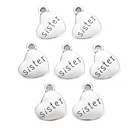 Honeyhandy Tibetan Style Alloy Family Charms, Heart with Word Sister, Cadmium Free & Lead Free, Antique Silver, 14x18x3mm, Hole: 2.5mm