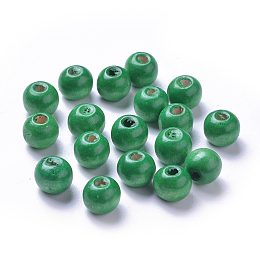 Honeyhandy Dyed Natural Wood Beads, Round, Lead Free, Green, 10x9mm, Hole: 3mm