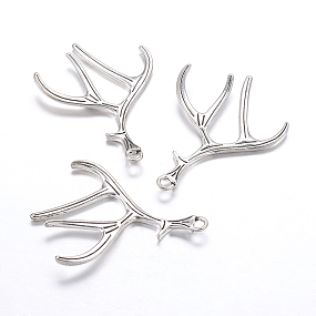 Honeyhandy Tibetan Style Alloy Deer Antler Pendants, Cadmium Free & Lead Free, Antique Silver, 50x38x2.5mm, Hole: 2mm