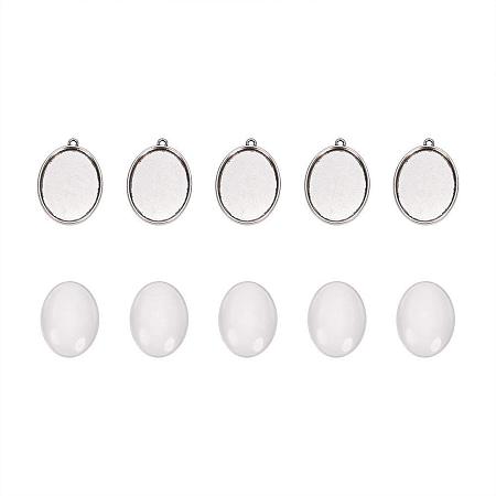 ARRICRAFT 5 Sets 40x30mm Clear Oval Glass Cabochon Cover and 48x34mm Antique Silver Alloy Blank Pendant Cabochon Settings for DIY Portrait Pendant Making