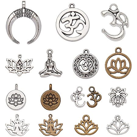 NBEADS 120g Yoga Theme Tibetan Style Alloy Pendants, 17 RANDOM MIXED Kinds of Lead Free Yoga Theme Pendant Charms Jewelry Crafting Supplies for DIY Necklace Bracelet Arts Projects