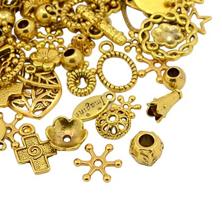 NBEADS Economy Mixed Shape Charm Antique Golden Pendants for Crafting DIY Jewelry Making Accessories, Lead Free, 12~50x8~30x2~6mm, Hole: 1~3mm