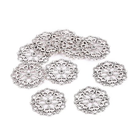 Honeyhandy Tibetan Style Filigree Joiners Links, Cadmium Free & Lead Free, Flower, Antique Silver, 29x1mm, Hole: 1.2mm
