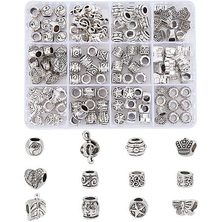 NBEADS 120 Pcs 12 Styles Alloy European Beads, Antique Tibetan Silver Spacer Beads Charm Large Hole Chains Beads for DIY Jewelry Making