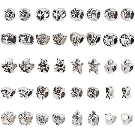 NBEADS 200 Pcs Tibetan Style European Beads, Metal Large Hole Beads Alloy Spacer Loose Beads Antique Silve Charms for Jewelry Making