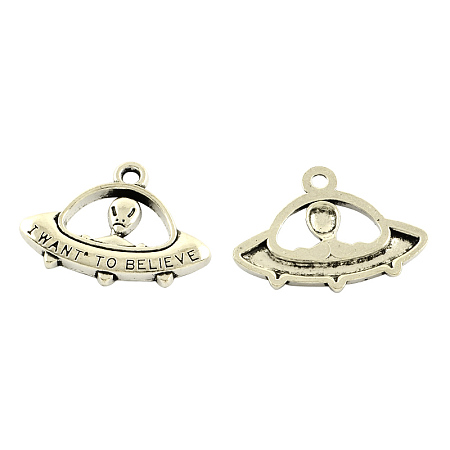 Honeyhandy Tibetan Style Alloy Pendants, Alien/ET and UFO with Words I want to Believe, Cadmium Free & Lead Free, Antique Silver, 23x31x3mm, Hole: 3mm