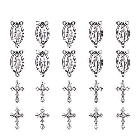 ARRICRAFT 10 Sets Tibetan Style Rosary Cross and Center Miraculous Medal with Alloy Crucifix Cross Pendants and Oval Chandelier Links for Rosary Holy Beads Necklace Making Antique Silver