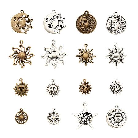 PandaHall Elite 80 pcs 16 Styles 2 Colors Celestial Sun Pendant Charms Tibetan Style Alloy Pendants for Crafting Jewelry Findings DIY Bracelet Necklace Making Accessary