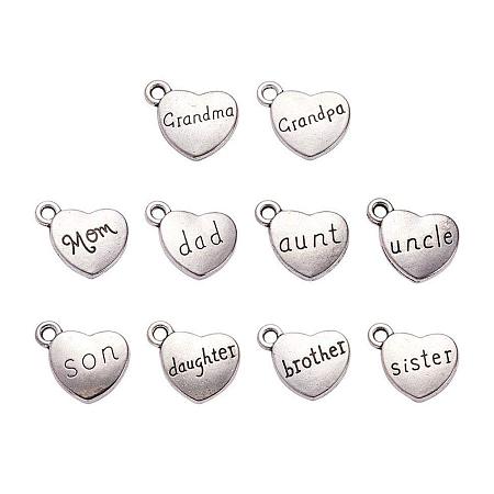ARRICRAFT 10PCS Antique Silver Family Theme Tibetan Style Alloy Charms Heart with Words, Lead Free, 13x18x3mm