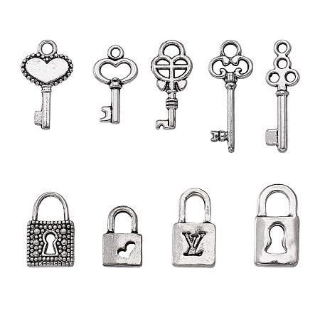 ARRICRAFT 5 Sets(10pcs/set) Mixed Style Key and Lock Tibetan Style Alloy Charms Lead Free Antique Silver