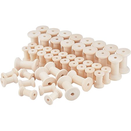 NBEADS 60 Pcs 2 Sizes Empty Wooden Spool, Mini Bobbins Natural Wooden Spools Wire Thread String Bobbin for Arts Crafts Cord Rope Chain Roll