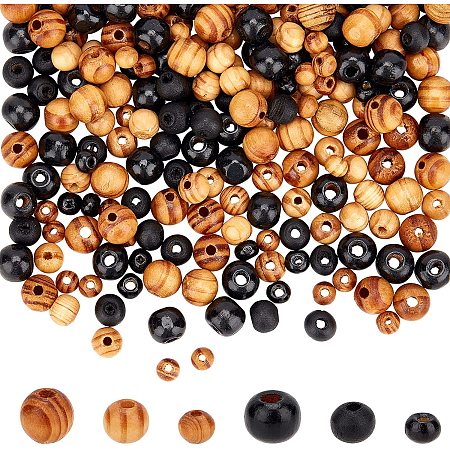 Pandahall Elite 600pcs 3 Sizes Natural Wooden Beads Black Dyed and Original Wooden Beads for Bracelet Necklace Jewelry Making Home Party Decorations Garland Making, 6mm, 8mm, 10mm