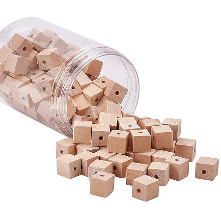 PandaHall Elite 120pcs 15mm Natural Plain Wood Beads Cube Ball Wooden Loose Beads with 27m Elastic Cord for Bracelet Pendants Crafts DIY Jewelry Making, Hole 3mm