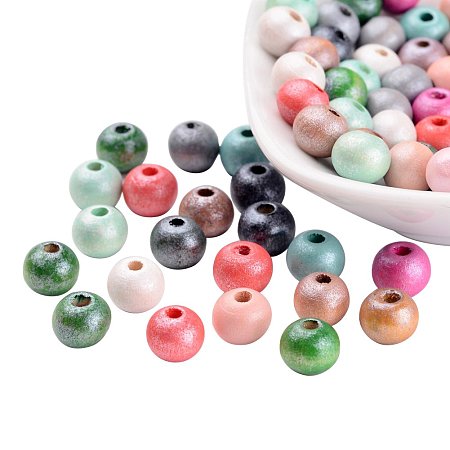 NBEADS 500g Round Wood Beads, Dyed, Lead Free, Mixed Color, 7~8x8~9mm, Hole: 2~3mm; about 3000pcs/500g